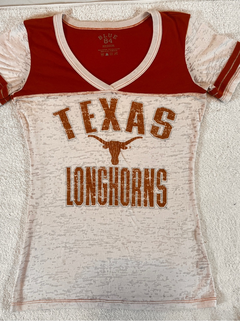 Blue 84 Women’s Texas Longhorns Burnt Orange and White V-Neck Tee SIZE MEDIUM